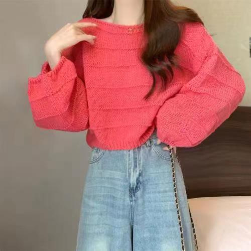 Dopamine bright early autumn lazy style women's short sleeve sweater outerwear knitted top high-waist base shirt