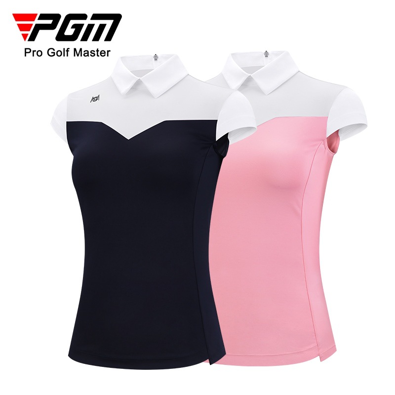 Áo thun golf nữ tay ngắn PGM cổ bẻ khóa kéo, phối màu cổ — YF484-màu trắng xanh navy, YF484-màu trắng hồng