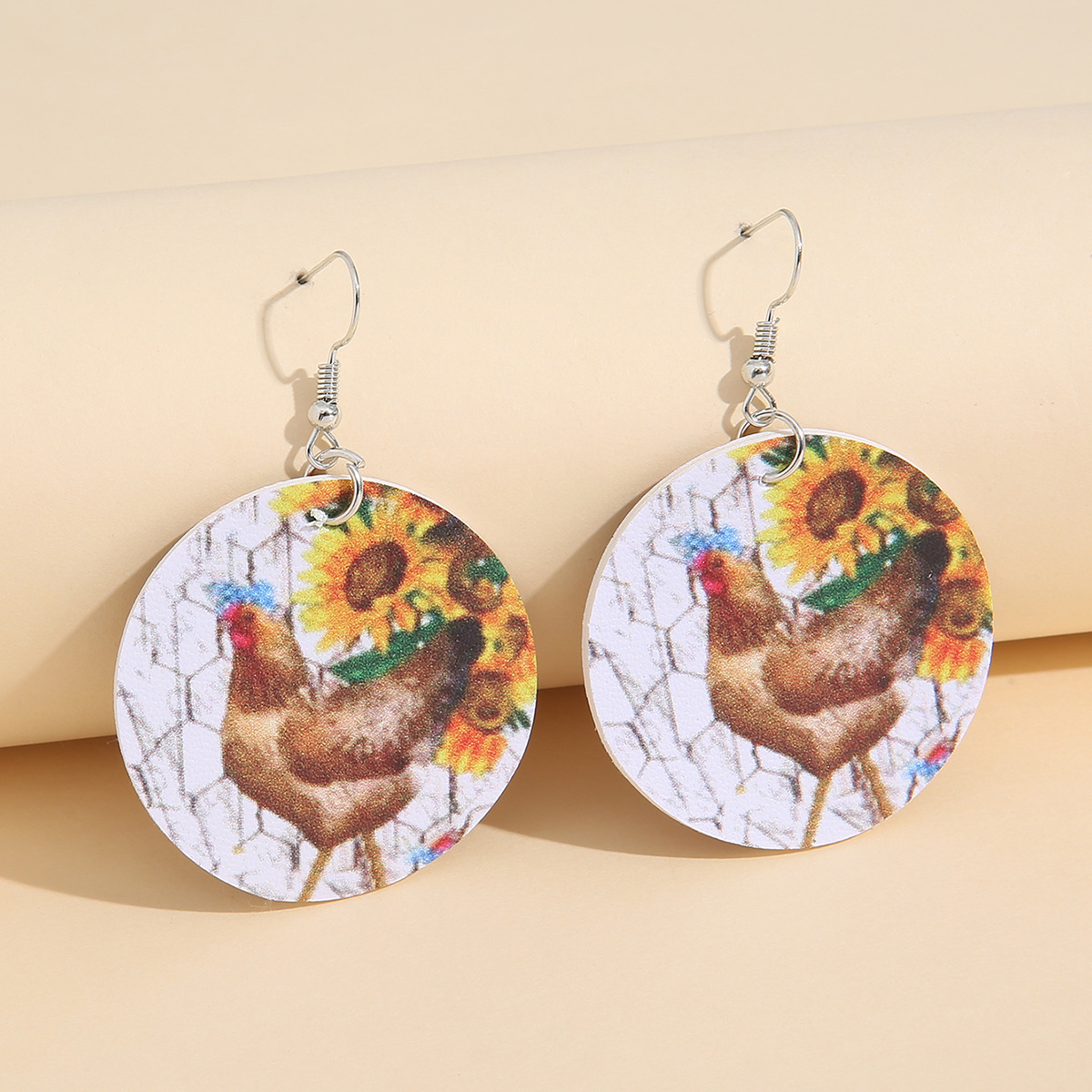 欧美速卖通新款 圆形双面印母鸡向日葵皮耳环 创意农场pu耳饰现货