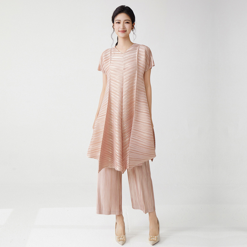 Miyake Style Suit for Women, High-End Skirt, Irregular Dress, Straight-Leg Pants, Fashionable and Versatile Two-Piece Set for Export