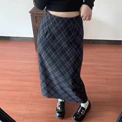 藏青格子毛呢半身裙女秋冬高腰显瘦直筒裙子包臀开叉菱形格a字裙