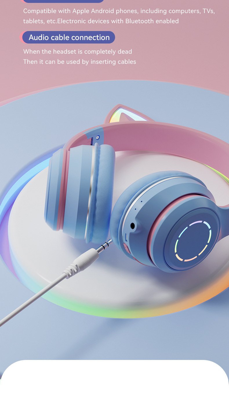 Stopniowe światło Kocie uszy (gotowany na parze chleb w kształcie kocich uszu) uroczy bezprzewodowy uniwersalny zestaw słuchawkowy Bluetooth_voghion.com