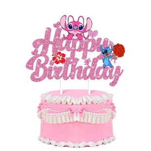 Stitch Cake Decoration Lilo and Stitch Glitter Happy Birthday Flag and Card Birthday Decoration