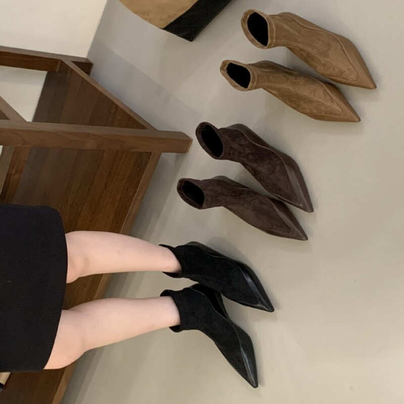 【Tax Not Included】Korean Style High-Heeled Pointed Toe Slim Boots Short Boots Women's Boots 2025 New Autumn and Winter French Style Ankle Boots
