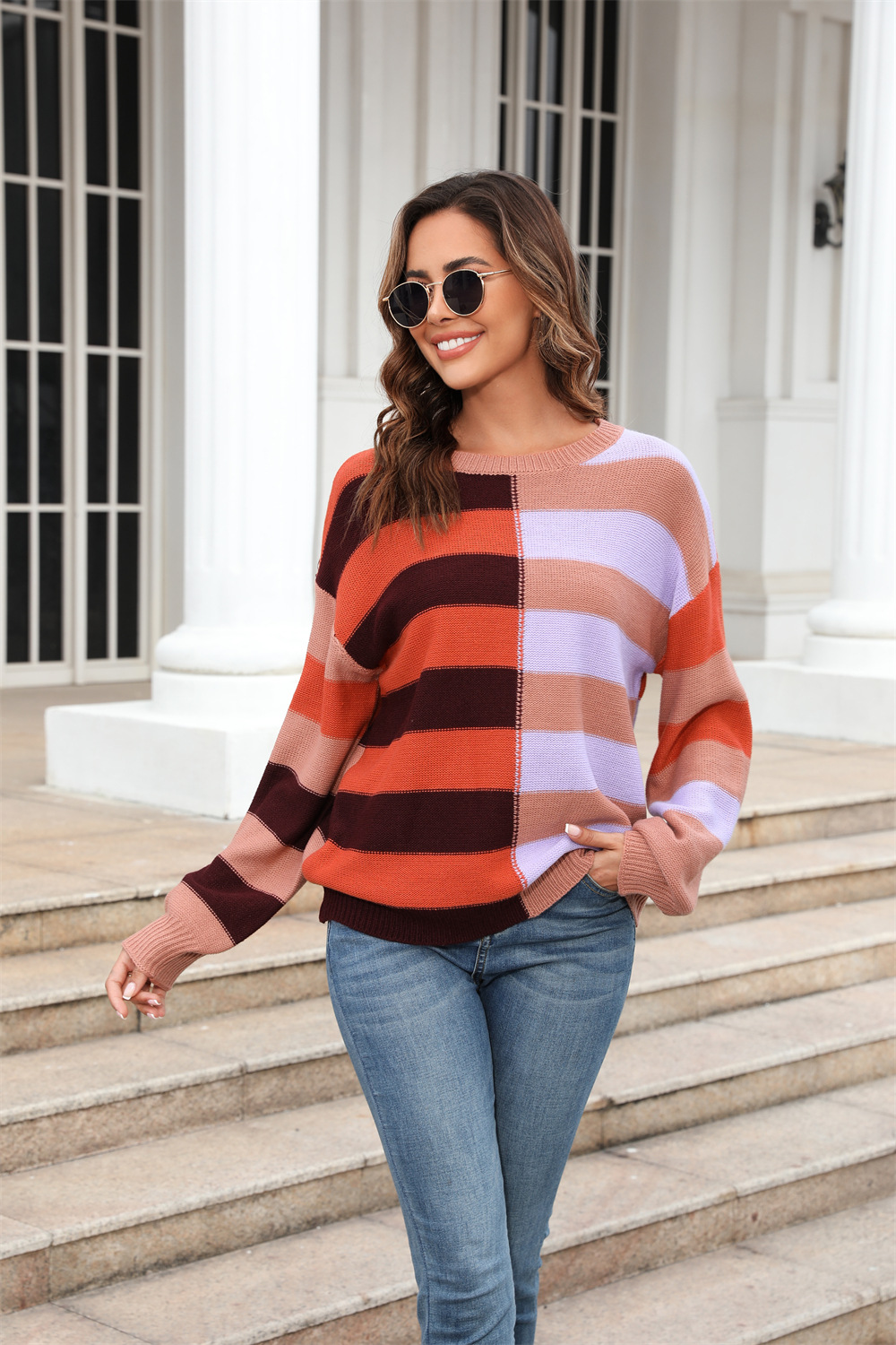 Suéter de Punto con Cuello Redondo, Estilo Europeo y Americano, para Mujer, Primavera-Otoño 2026, Diseño de Bloques de Color y Rayas con Parches, Moda Amazon. image 9
