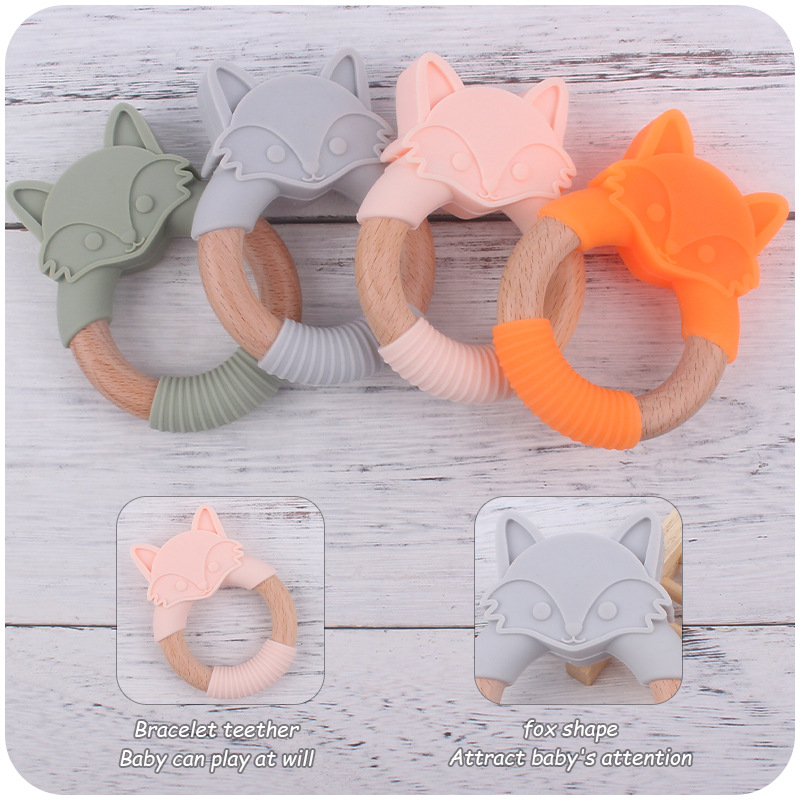 Bebé mordedor silicona animal anillo de madera mordedor Diente de dibujos animados animal Beech bebé zorro pulsera teether juguete
