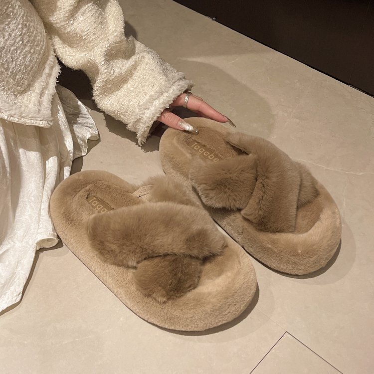 本物の毛皮を使用したダブルストラップのファーサンダル、女性用、厚底、フラット、ファー付きスリッパ、2025年秋冬新作、卸売|undefined