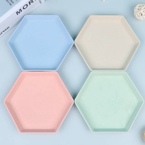 Wholesale wheat straw hexagonal boneless dessert plate home creative fruit plate dessert plate dinner plate snack plate from the manufacturer