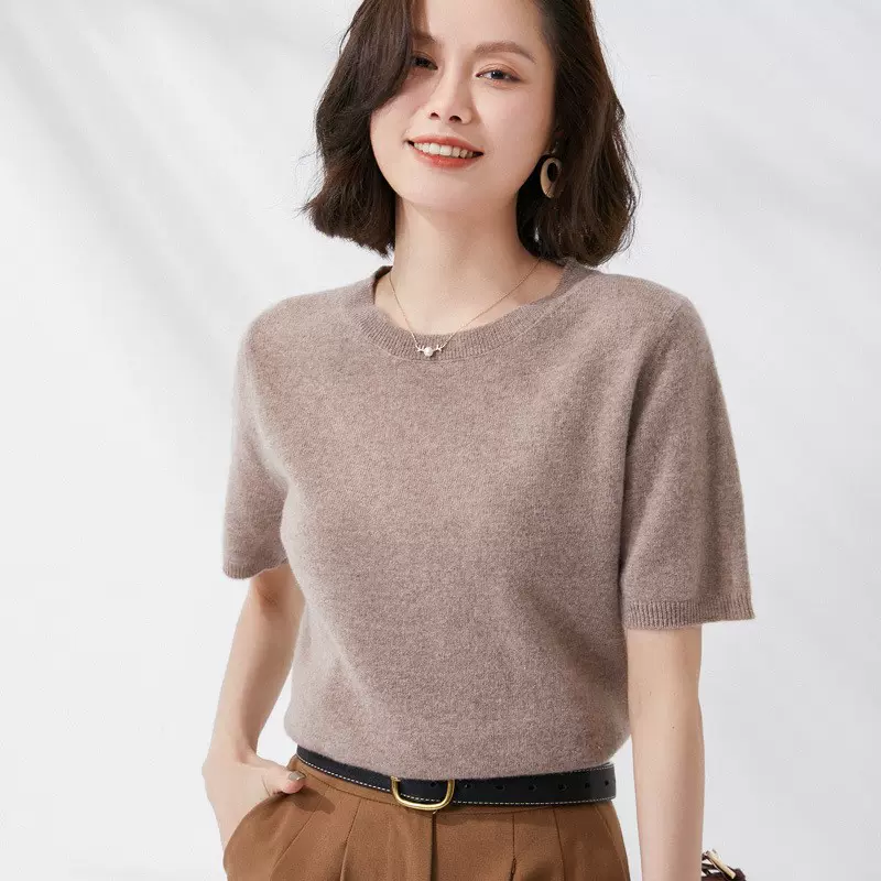 2025春薄款女针织短袖宽松t恤内搭打底衫秋季短款上衣女纯色圆领