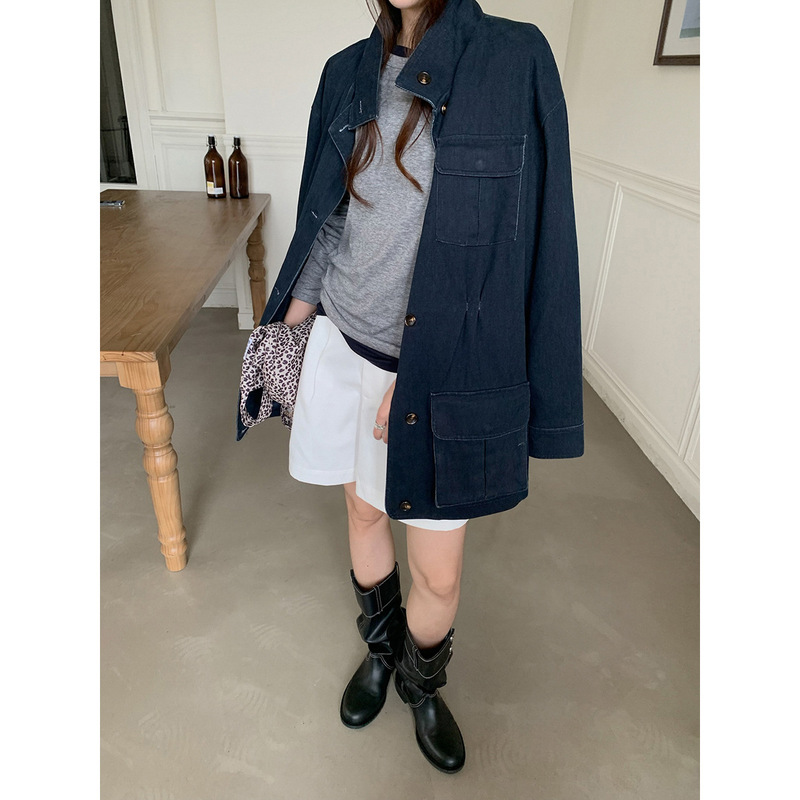 [Clearance Sale] Vintage Distressed Stand Collar Denim Jacket for Women, Loose Fit, Slimming Mid-Length Workwear Jacket for Autumn