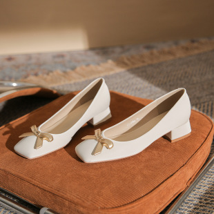 33502 square toe chunky heel elegant women's shoes bow high heel versatile women's casual shoes mid heel comfortable women's shoes