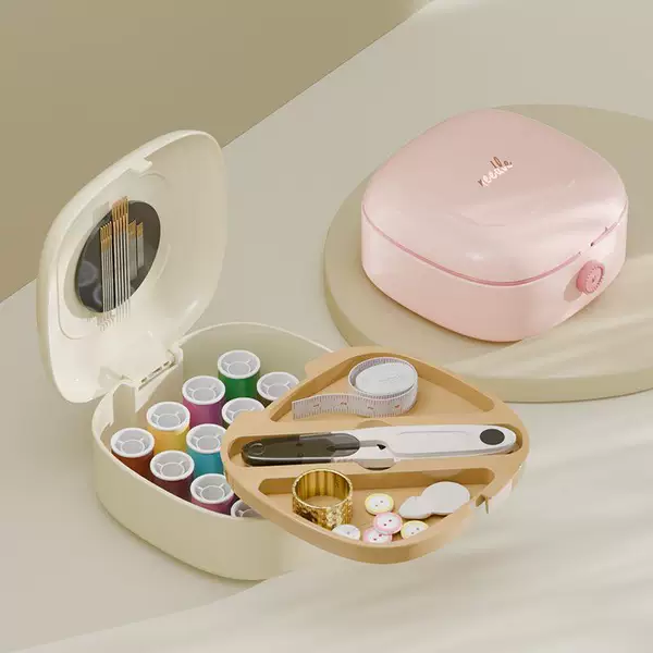 Macaron-style, aesthetically pleasing, magnetic sewing kit for home use, complete with all the tools needed for DIY sewing and mending, portable and with compartments