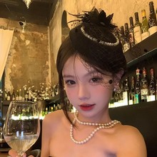 黑色赫本风小礼帽女秋冬高端夜上海复古旗袍头饰民国面纱年会礼服