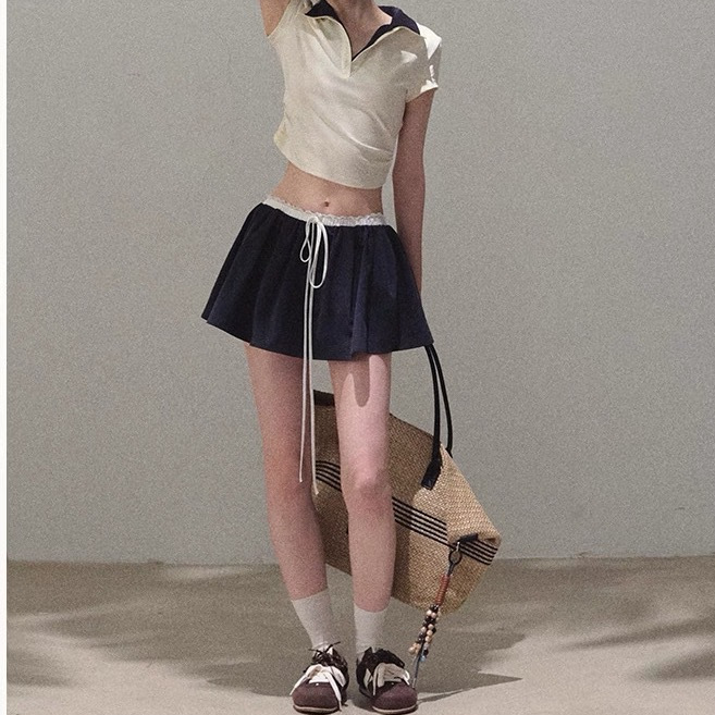 Oakmoo * Cotton 5A Cool-Touch Short-Sleeve Polo Top and Lace Puffy Skirt Set, Tummy-Concealing and Slimming Two-Piece Set