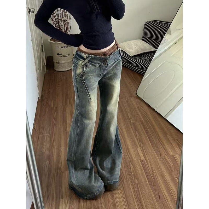 American Retro Low-Waist Patchwork Flared Jeans for Women, Autumn and Winter Style, High Street Design, Loose Fit, Slimming Flared Pants American Retro Low-Waist Patchwork Flared Jeans for Women, Autumn and Winter Style, High Street Design, Loose Fit, Slimming Flared Pants