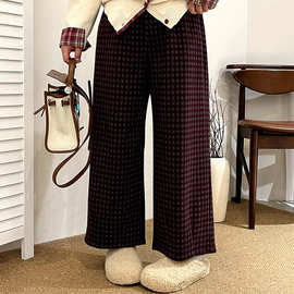 大码女装高腰休闲裤复古格子裤2025冬胖mm宽松阔腿九分裤女NK1287