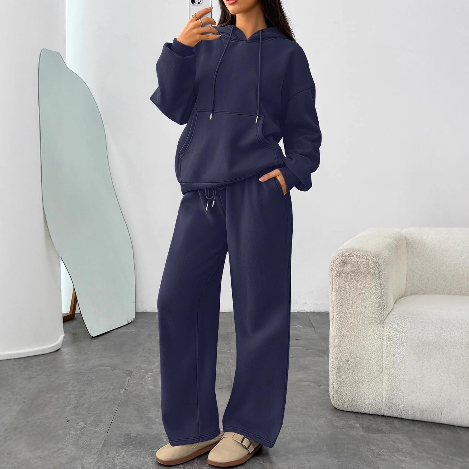European and American Women's Two Piece Set Autumn Fashion Sweatshirts Set Plus Velvet Hoodie Wide Leg Sweatpants Casual Suit