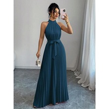E 13821 Elegant Collars Sleeves Pleated Dress ���Ű�