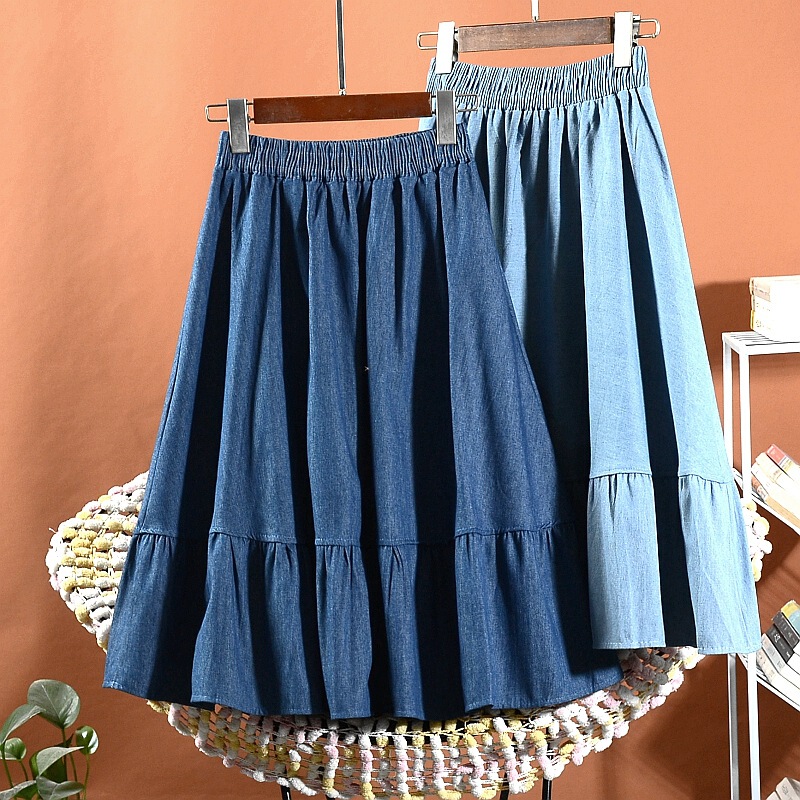 a-word denim overskirt Women's Mid-length large size high waist small skirt summer umbrella skirt women's wholesale
