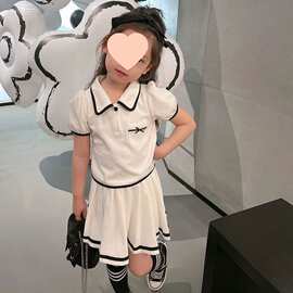 网红女童学院风纯色裙套装中大童夏季新款翻领短袖休闲短裙两件套