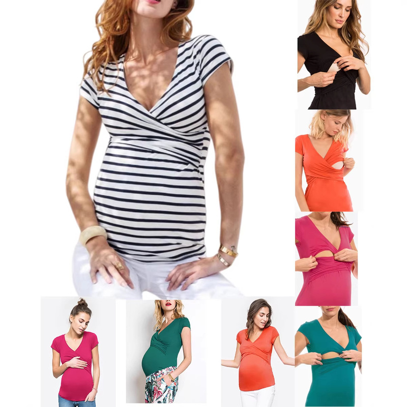 Cross-border AliExpress ebay New European and American Solid Color Cross Maternity Breastfeeding Bottoming Outer Wear Short Sleeve
