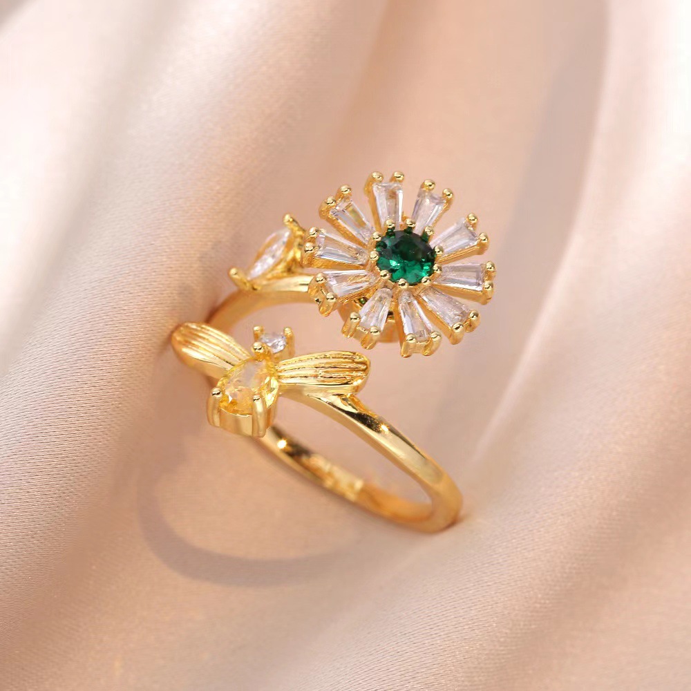 8g Weight Rhinestones, Zircon Inlay Material Rings, Necklace Classification 1 Piece Quantity Sunflower Flower Titanium Steel Copper Simple Style Classic Style Rings Necklace