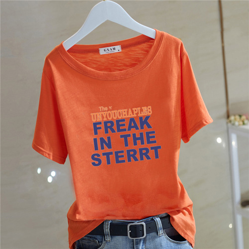 Comfortable Summer Pure Cotton Short Sleeve T-shirt for Women, Korean Style, Versatile Round Neck Letter Print Top, Basic Trendy