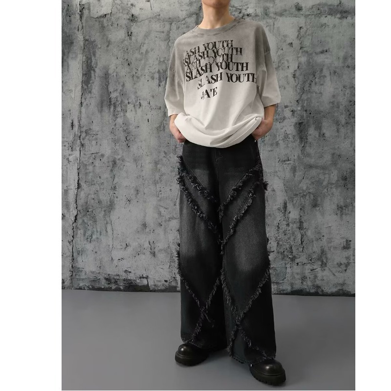 Unisex High Street Vintage Washed Distressed Patchwork Jeans Relaxed Wide Leg Straight Denim Pants for Men And Women_mkmklike.com