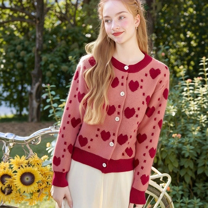 Valentine's Day Pink Heart Retro Knitted Color-Blocked Top Casual Women's Loose Cardigan Sweater Autumn and Winter Coat Red