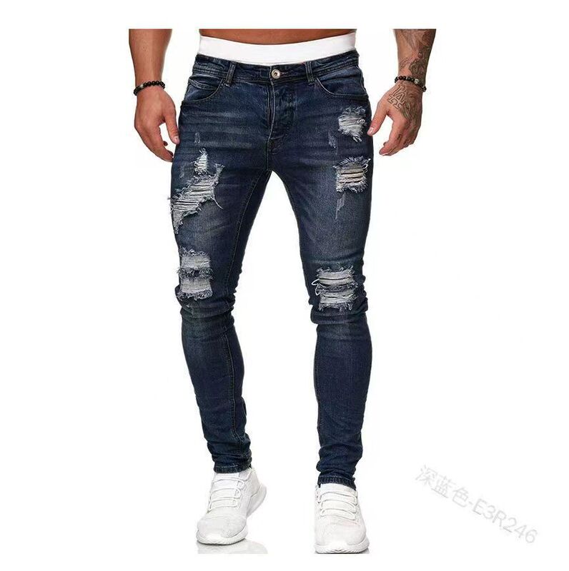 Amazon Wish Men's Hip-Hop Skinny Ripped Narrow-Leg Slim-Fit Jeans Street Fashion Brand Quality Denim Trend