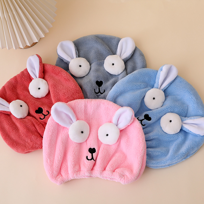 Dry hair hat for women, large eye cute cartoon style, ultra-fine fiber, water-absorbent coral velvet dry hair turban, wholesale