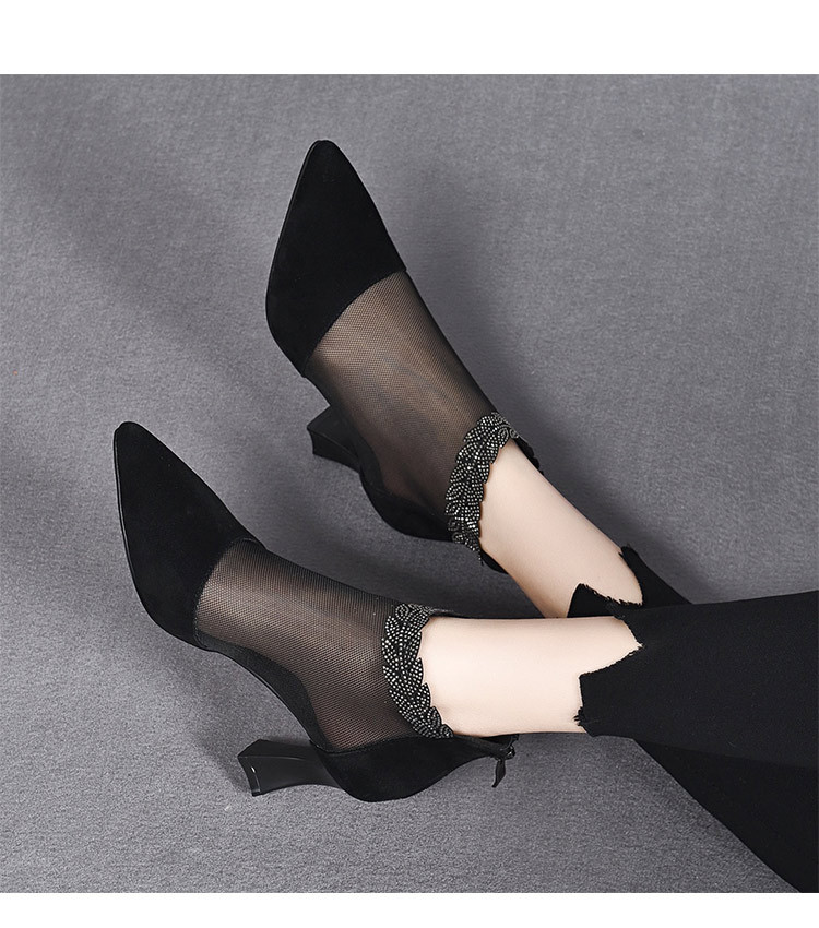 Boot lưới nữ cao gót mùa hè, cổ thấp, chất liệu da thật thoáng khí — Màu Đen Cashmere + lưới chi tiết 4