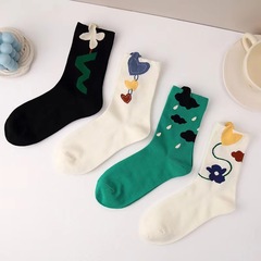 Spring and Autumn Women's Black and Green 3D Floral Heart Crew Socks Summer Versatile Personality Internet Celebrity Trendy Design Long Socks