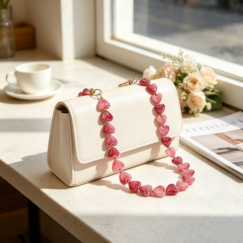 Acrylic heart beads double buckle phone strap gradient heart-shaped bead chain 45cm bag chain accessory wholesale Acrylic heart beads double buckle phone strap gradient heart-shaped bead chain 45cm bag chain accessory wholesale