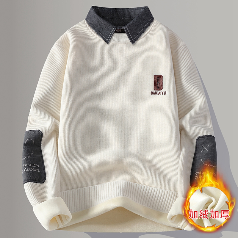 청소년 고급 가짜 투피스 스웨터 겨울 원피스 플리스 셔츠 칼라 바텀 셔츠 남성 심플 니트 스웨터