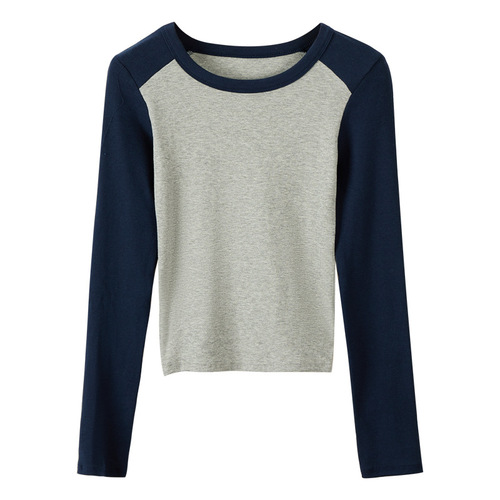 Women's Small Round Neck American Color Block Long Sleeve T-Shirt for Spring and Winter, Tight Short Sleeve, Regular Shoulder Base Shirt, Can Be Worn as a Top