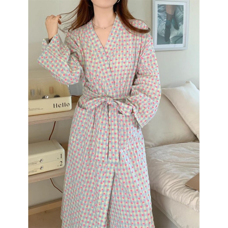 일본식 잠옷 목욕 가운 여성 잠옷 가을 새로운 달콤한 사랑 격자 무늬 느슨한 긴 소매 긴 INSTAGRAM 스타일 기모노