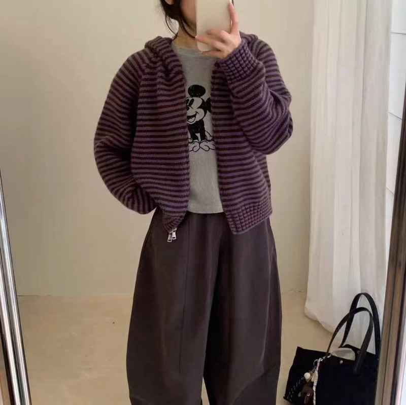 韩系撞色条纹双拉链连帽针织开衫女秋冬新款宽松慵懒风毛衣外套厚|undefined