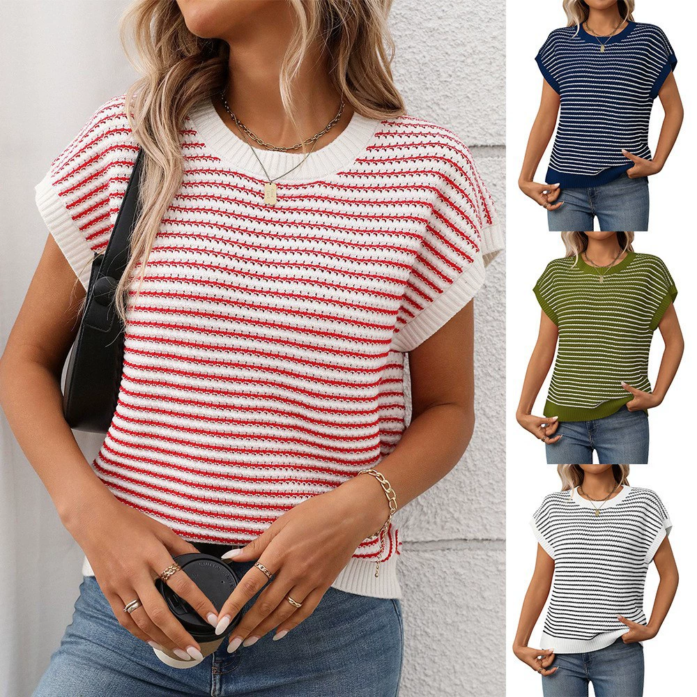 Трансграничная европейская и американская женская одежда Amazon 2025 лето новый трикотажный топ с круглым вырезом повседневный полосатый свитер