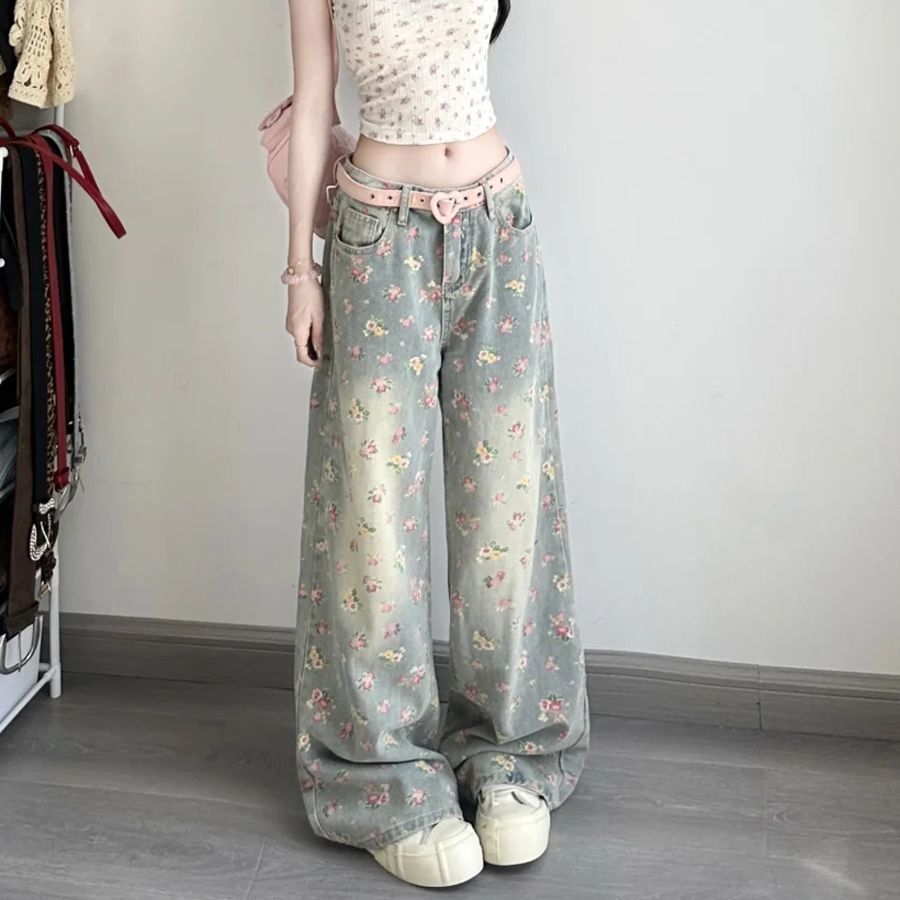 Damen Jeans Mit Blumenmuster Vintage Schnitt Hohe Taille Weit_voghion.com
