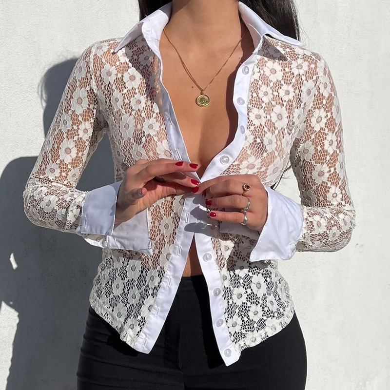 spring solid color perspective lace long-sleeved lapel shirt  NSCBB119674