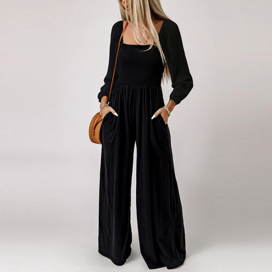 Autumn new solid color wide-leg trousers Women's European and American thin simple commuter style high waist jumpsuit women's one-piece delivery