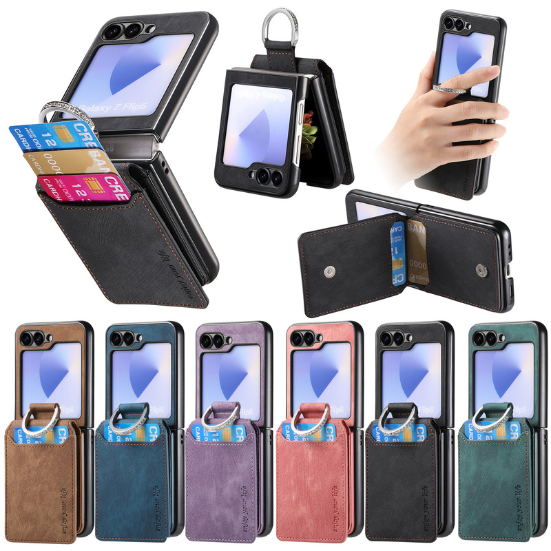 Suitable for Samsung Zflip8 Business Retro Folding Screen Phone Case with Diamond-Encrusted Ring Buckle Zflip7 Card-Inserting Leather Case