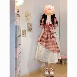 夏季日系甜美减龄红格子连衣裙蕾丝拼接樱桃碎花裙假两件裙子