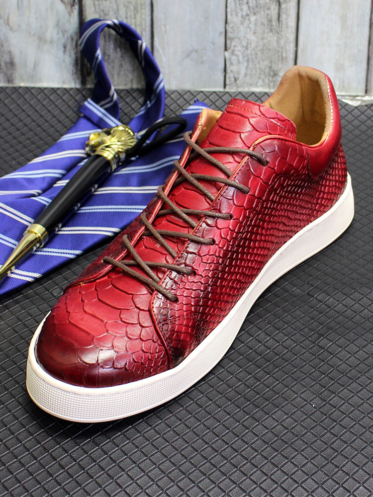 shoes for men Lace up crocodile pattern embossed flat soled casual leather shoes for men Genuine leather comfortable men's shoes_voghion.com