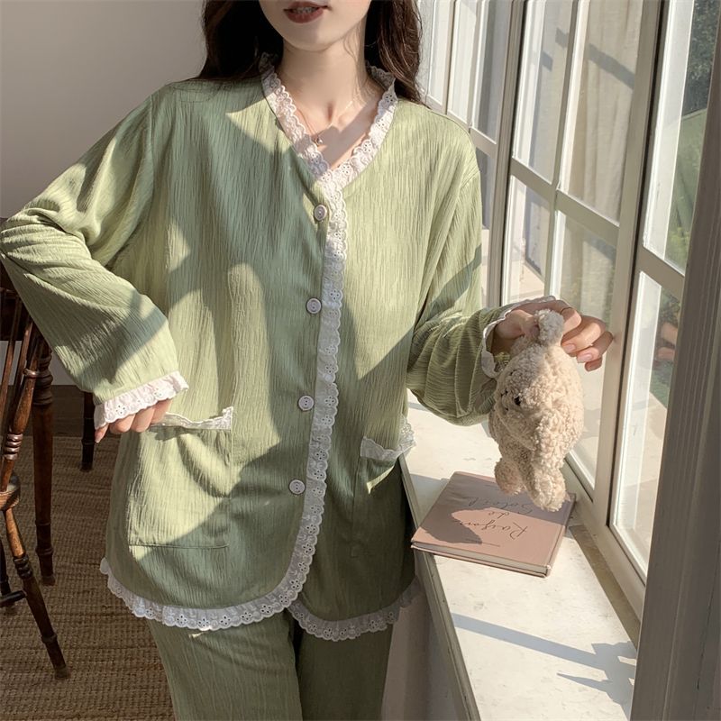 Al por mayor transfronterizo primavera y otoño nuevo con cojín de pecho encaje de bambú jacquard camiseta encaje ropa de casa pijamas mujeres