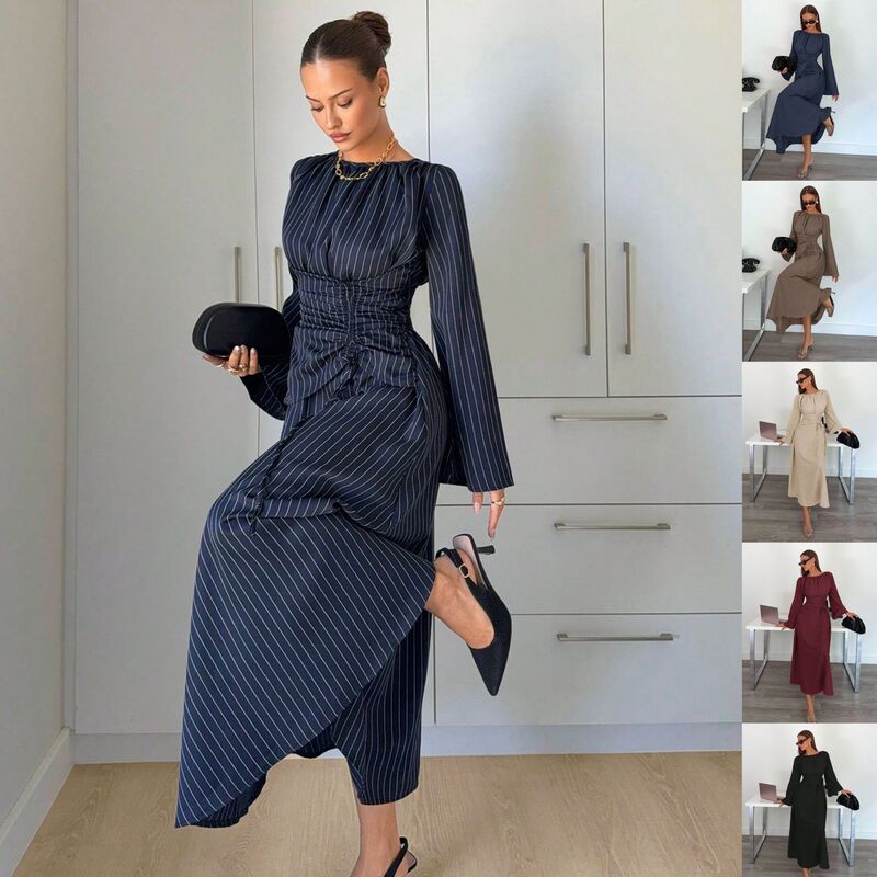 2026 Cross-Border European and American Amazon Fashion Elegant Solid Color Long-Sleeve French Tie Round Neck Waist-Cinching Long Dress 2026 Cross-Border European and American Amazon Fashion Elegant Solid Color Long-Sleeve French Tie Round Neck Waist-Cinching Long Dress