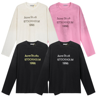 Fashionable Brand Ac1996 Washed, Frayed and Distressed Letter Printed High Street Long-Sleeved Loose Cross-Border T-Shirts for Men and Women Couples