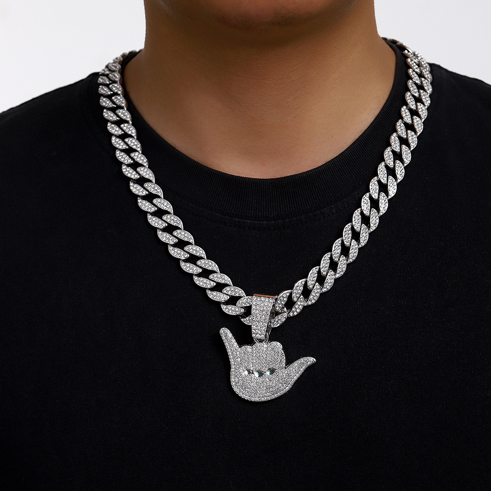 Collar con Colgante de Aleación con Diamantes Completos, Diseño de Gestos de la Suerte, Personalizado, Estilo Hip-Hop para Hombre, Cadena Cubana, Anillo de Dedo Texturizado