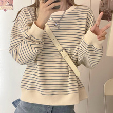 卫衣女款春秋新款韩版宽松设计感条纹上衣圆领套头长袖T恤外贸ins